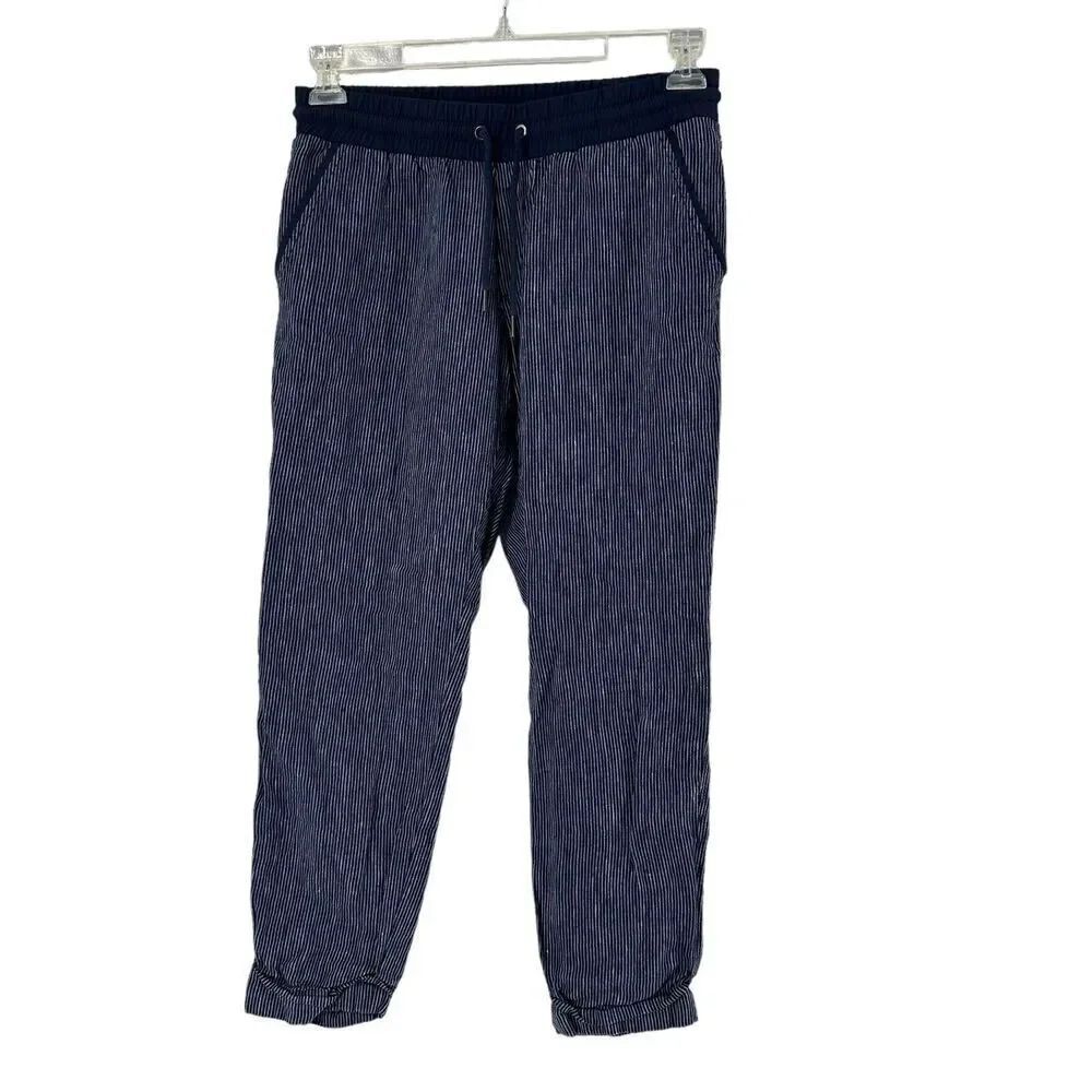 Athleta Linen Ankle Pants Navy Blue Size 4 Bali Breathable Pinstriped Cuffed